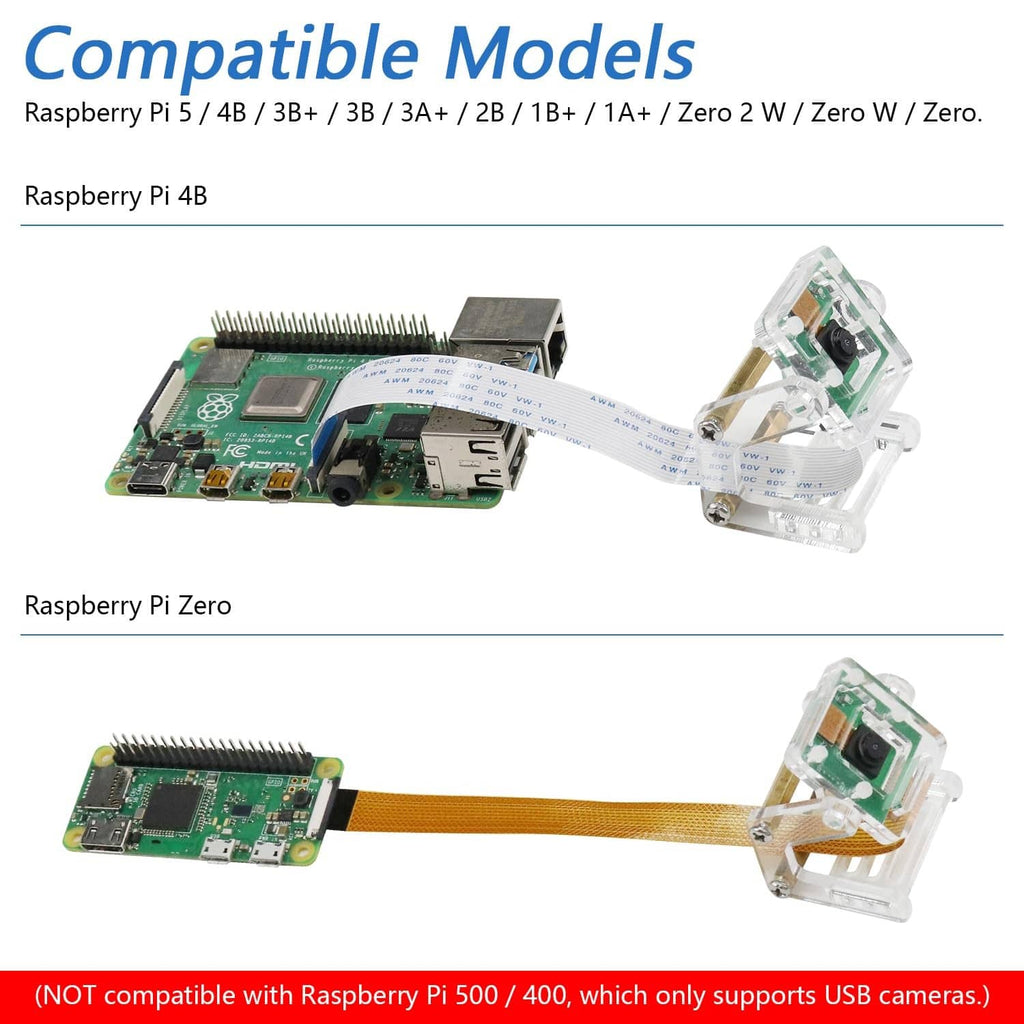 Raspberry Pi camera module with ribbon cable and clear mounting bracket