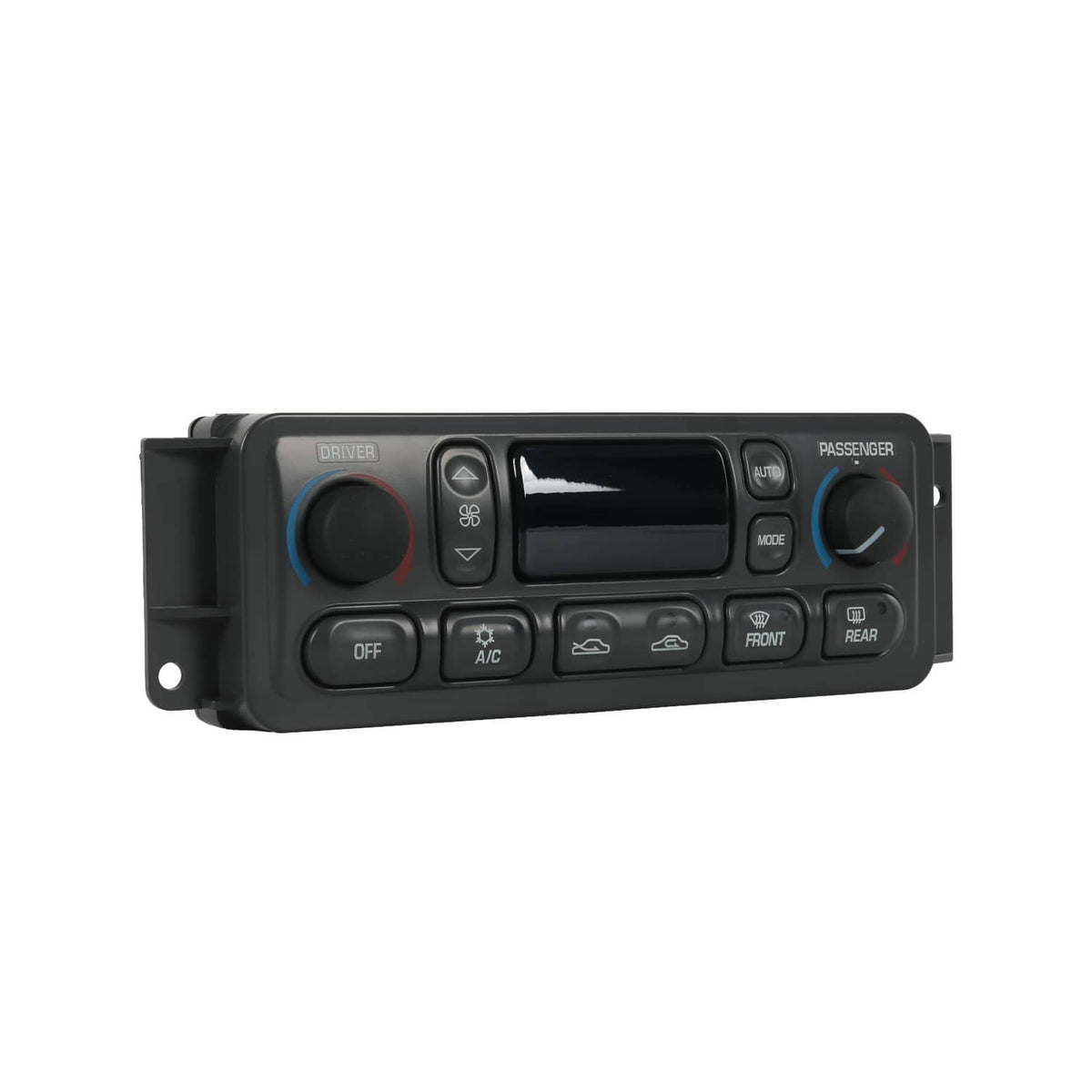 Car A/C climate control panel with front/rear controls, icons, and temperature dials