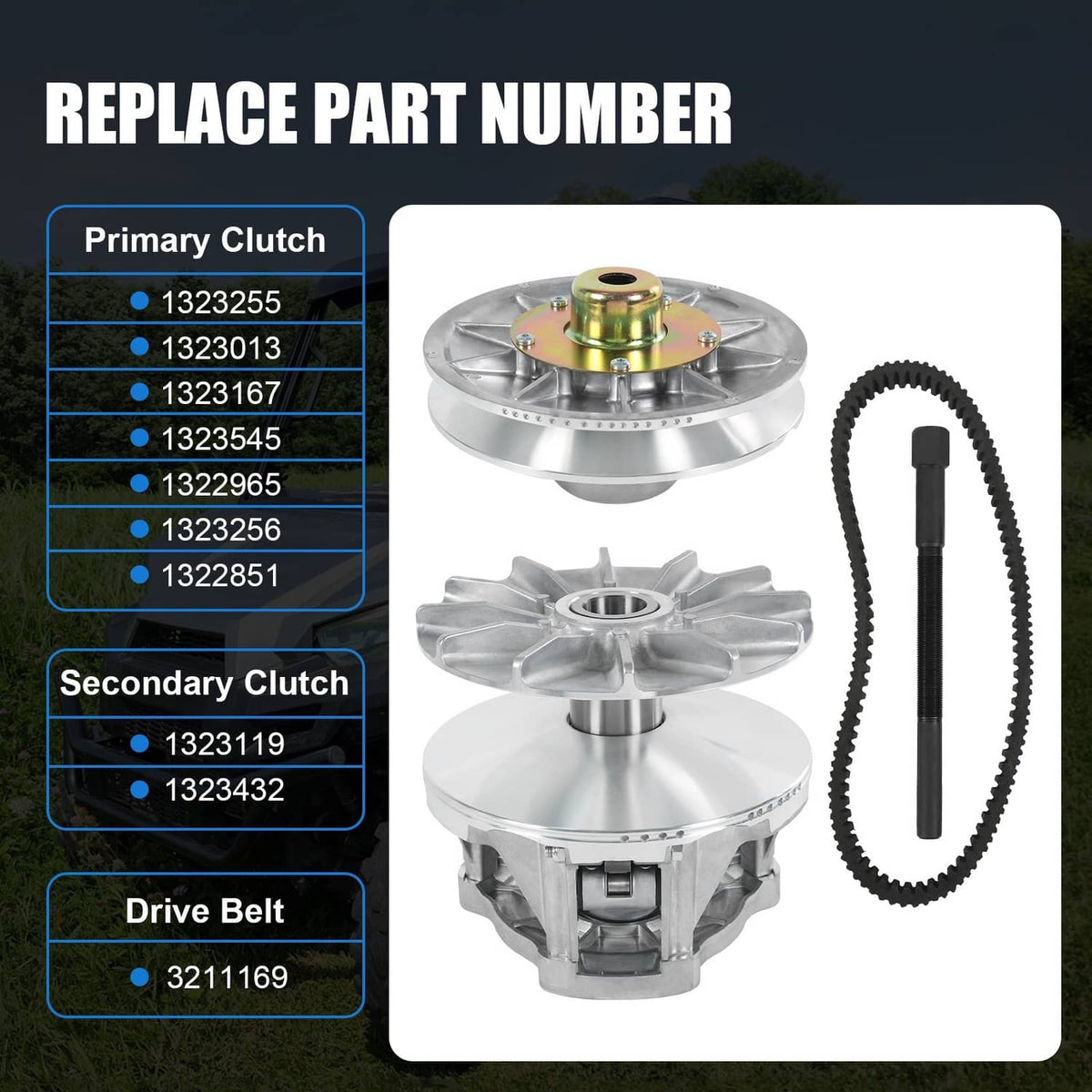 Primary and secondary clutch kit with silver pulleys, belt, and black puller tool