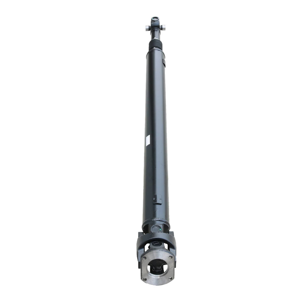 Rear driveshaft end with mounting flange and joint hardware, dark steel