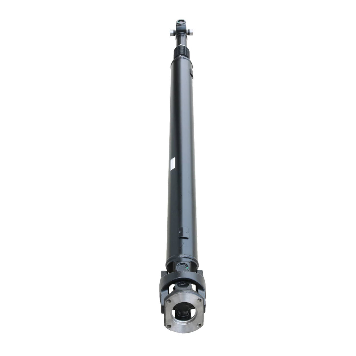 Rear driveshaft end with mounting flange and joint hardware, dark steel