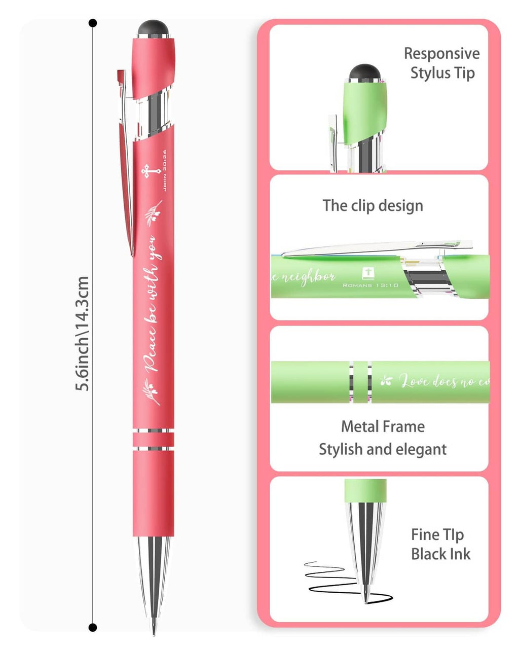 Pink stylus pen with clip, fine tip black ink, shown with metal frame