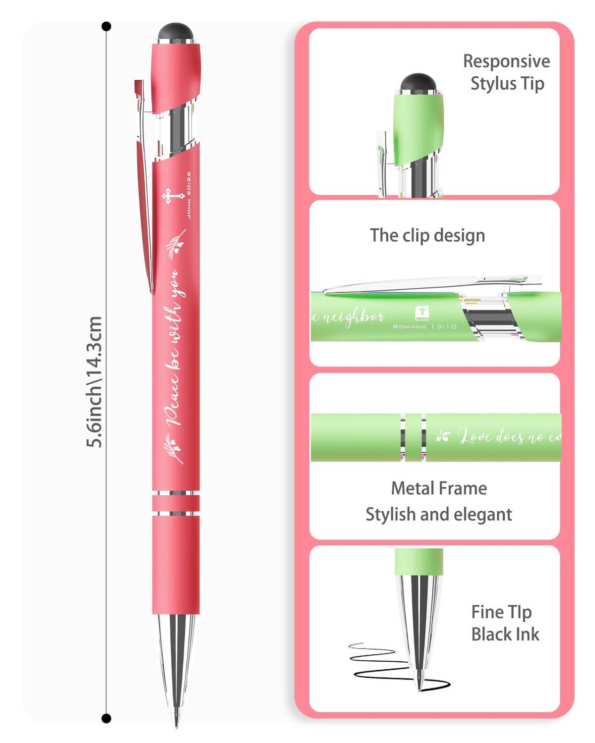 Pink stylus pen with clip, fine tip black ink, shown with metal frame
