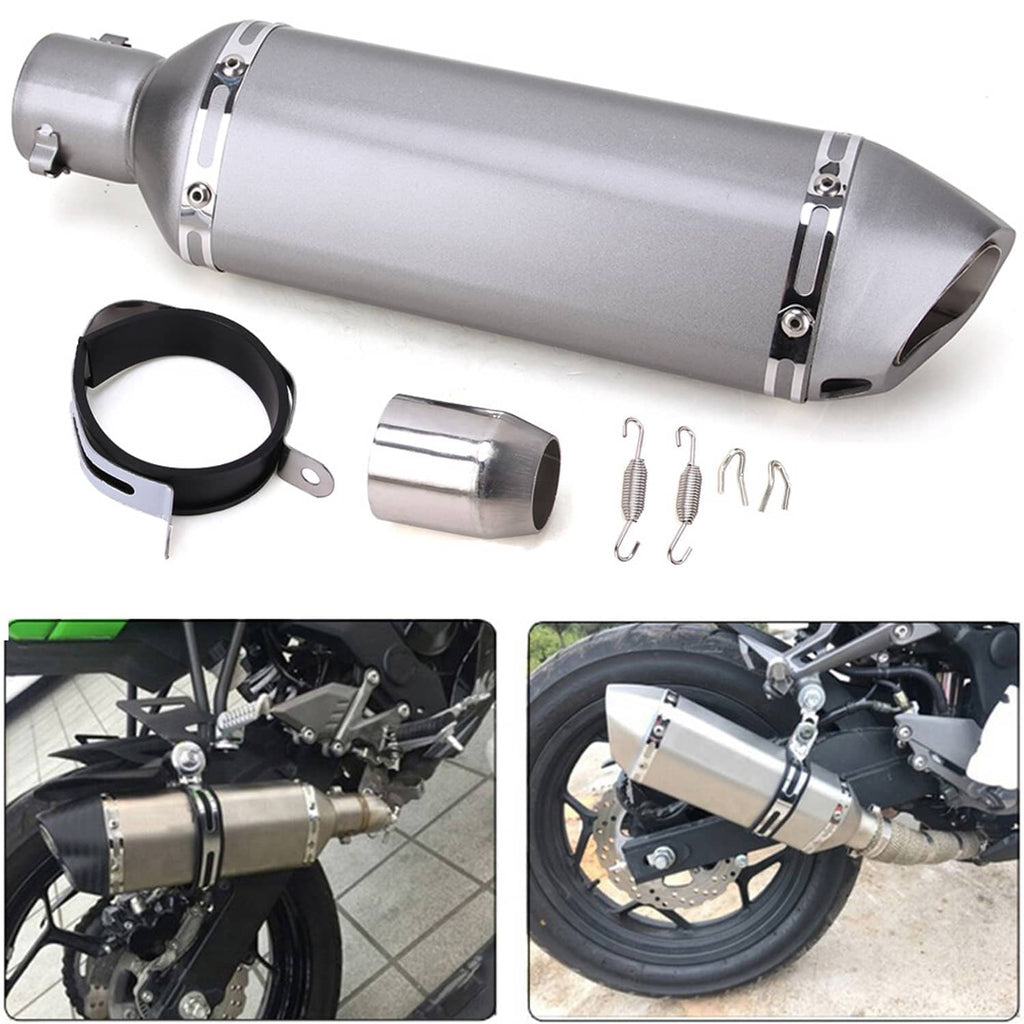 Silver motorcycle exhaust muffler with mounting band, small end cap, and springs