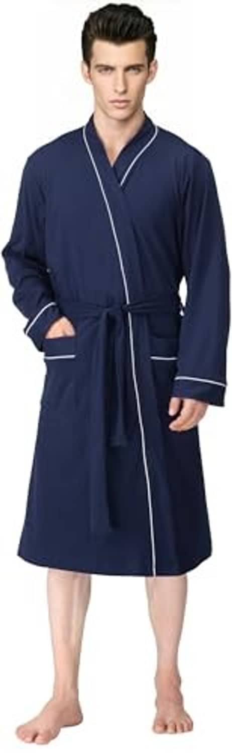 Men’s navy cotton-blend knit bathrobe with shawl collar, contrast piping, and belt tie.