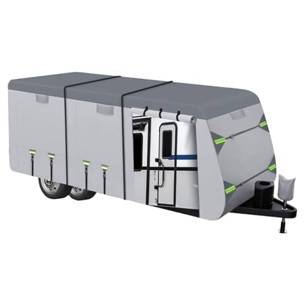 Gray and white RV trailer cover with fitted roof, side straps, and corner vents