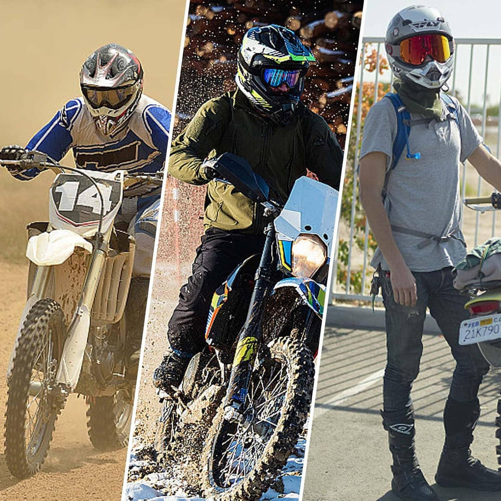 Motorcycle helmets with quick release buckle shown during off-road ride