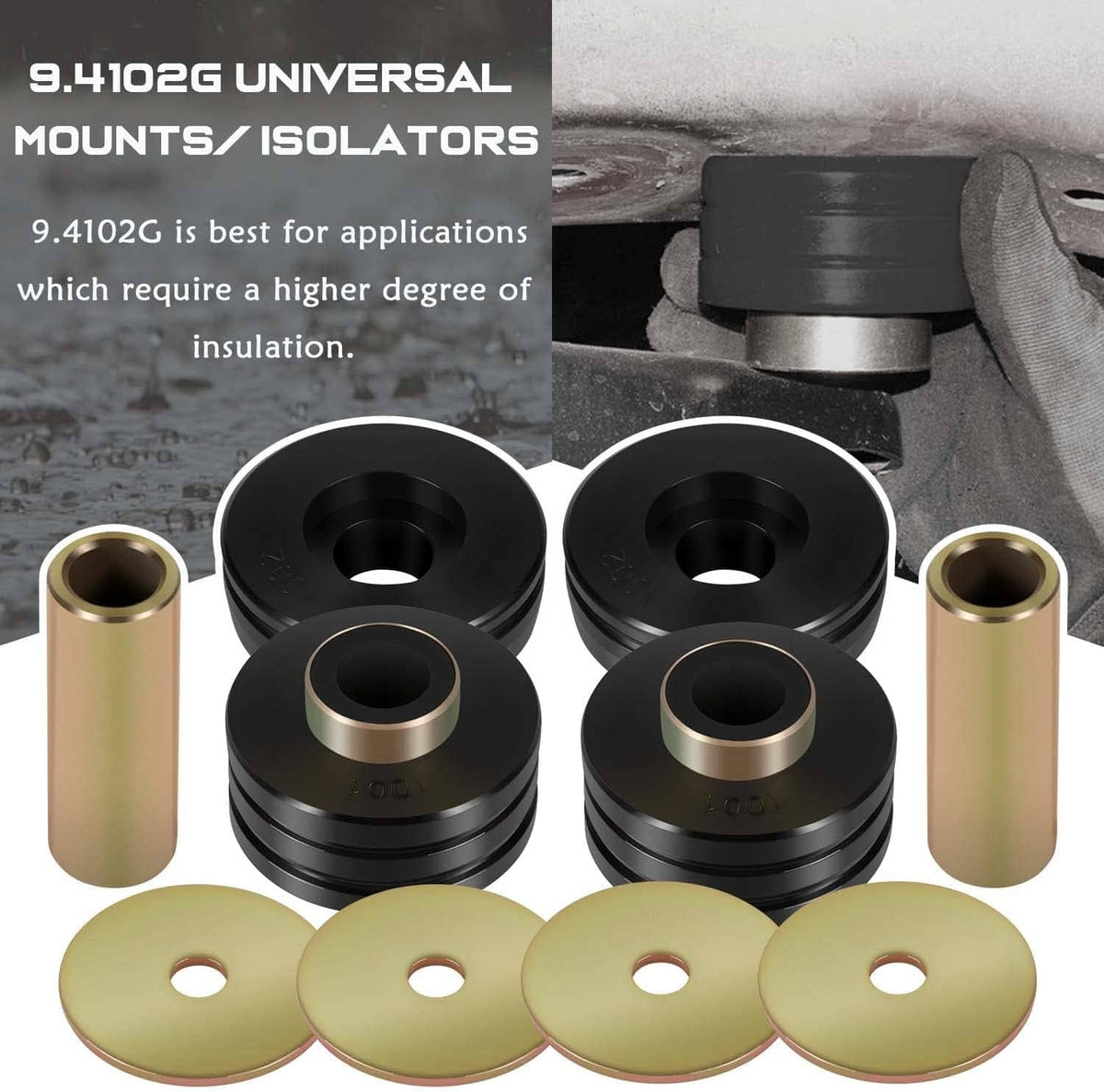 Universal mounts and isolators package with black isolators and gold sleeves plus black washers