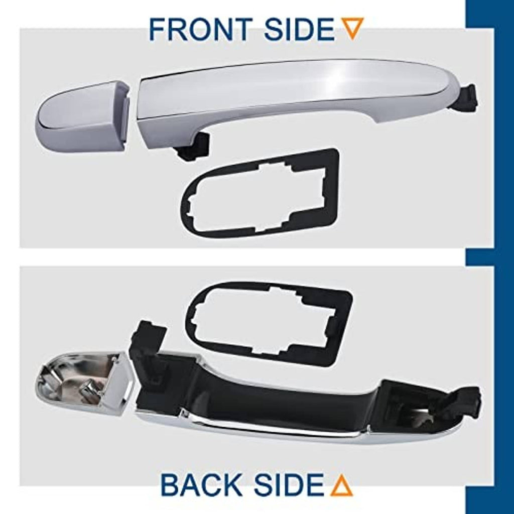 Chrome exterior door handle with gasket pad; front and back side views with black bracket