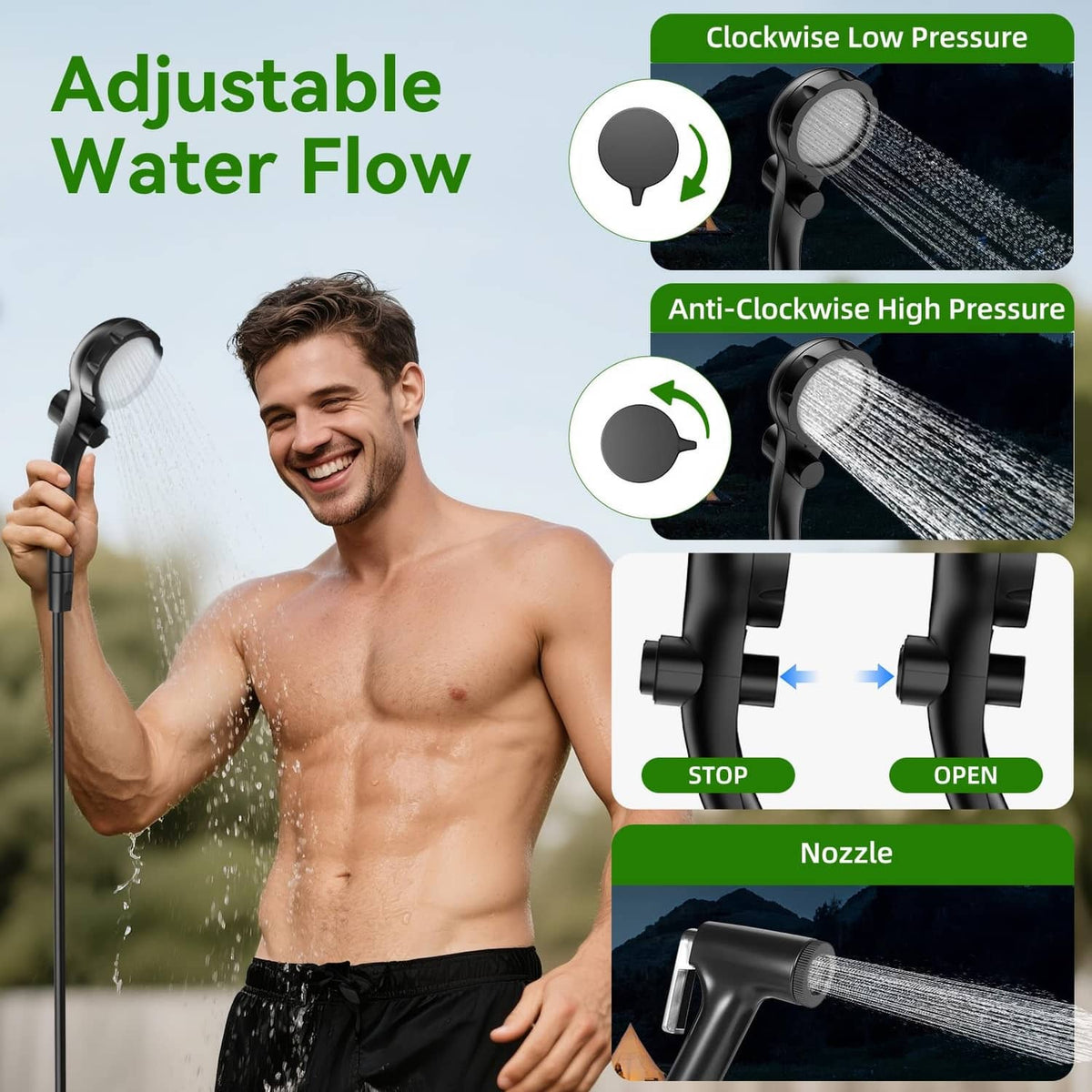 Portable shower sprayer with adjustable water flow nozzle and high/low pressure controls