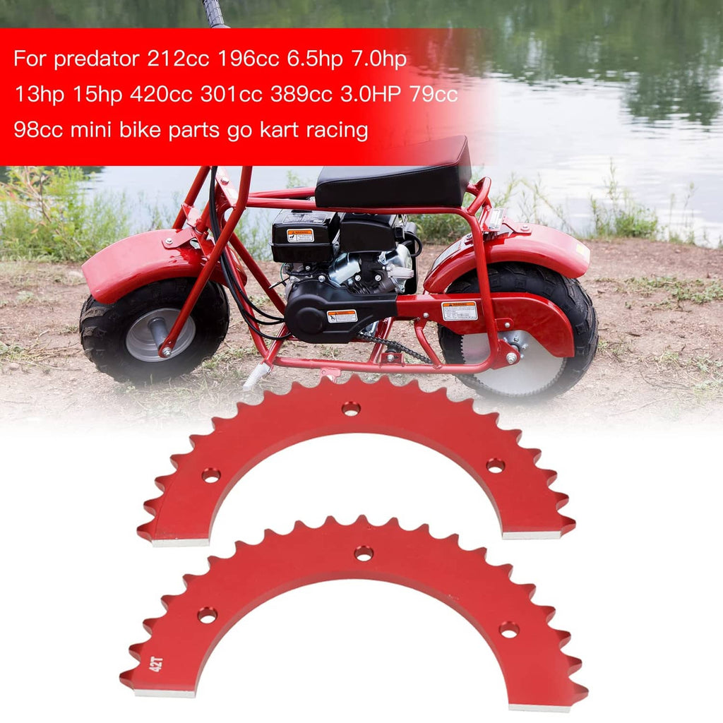 Red 42T split sprocket two-piece gear shown over a mini bike