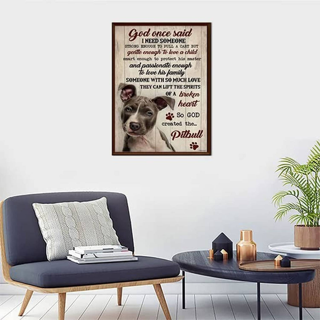 Framed diamond painting of a pitbull dog with bold quote text and paw prints
