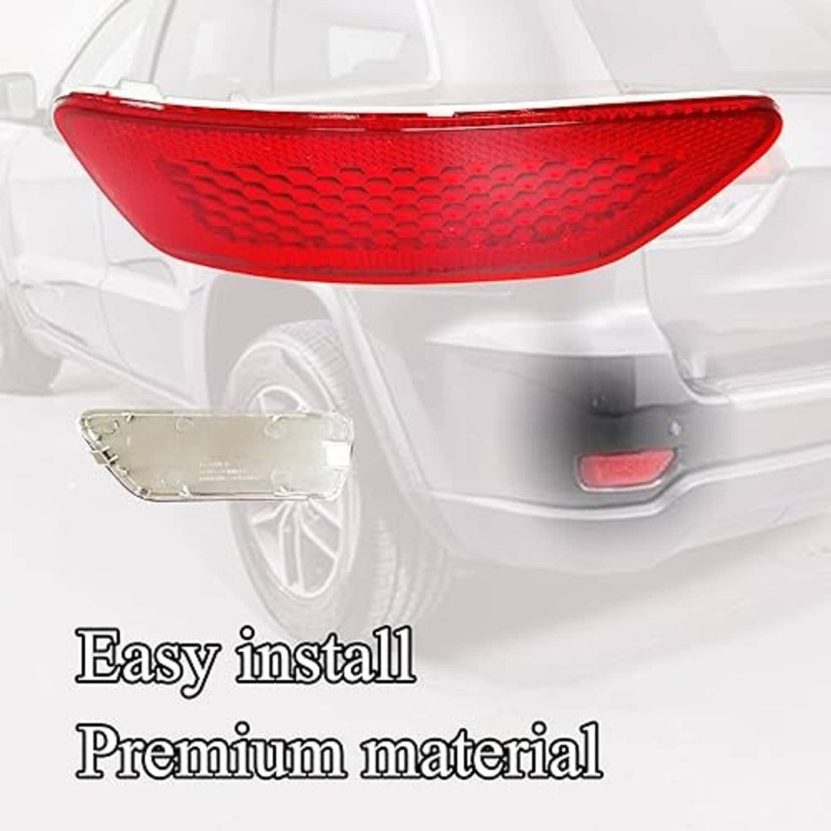 Red rear bumper reflector lens with textured pattern and curved outer edge