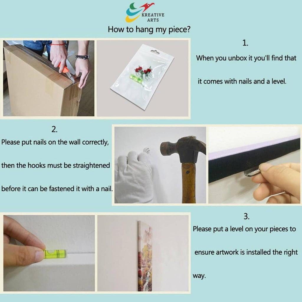 Wall art hanging instructions sheet with numbered steps and hanging guidance