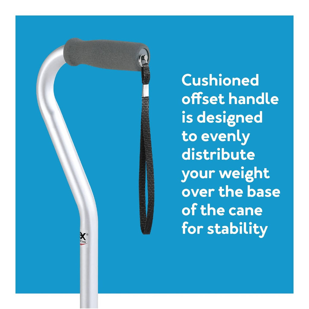 Offset cane with cushioned offset handle and black wrist strap on aluminum frame