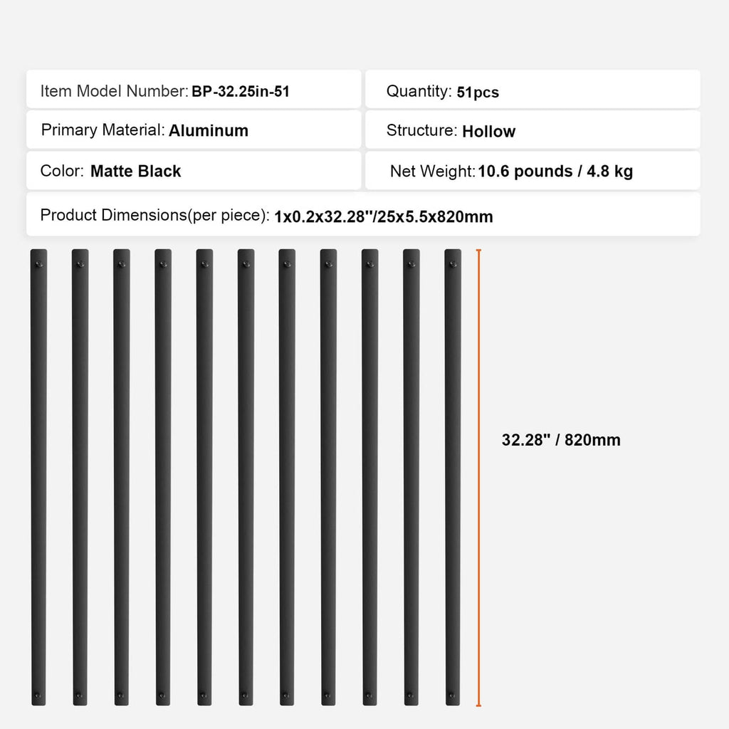 Matte black aluminum balusters set, shown with product dimensions and tall spindle profile