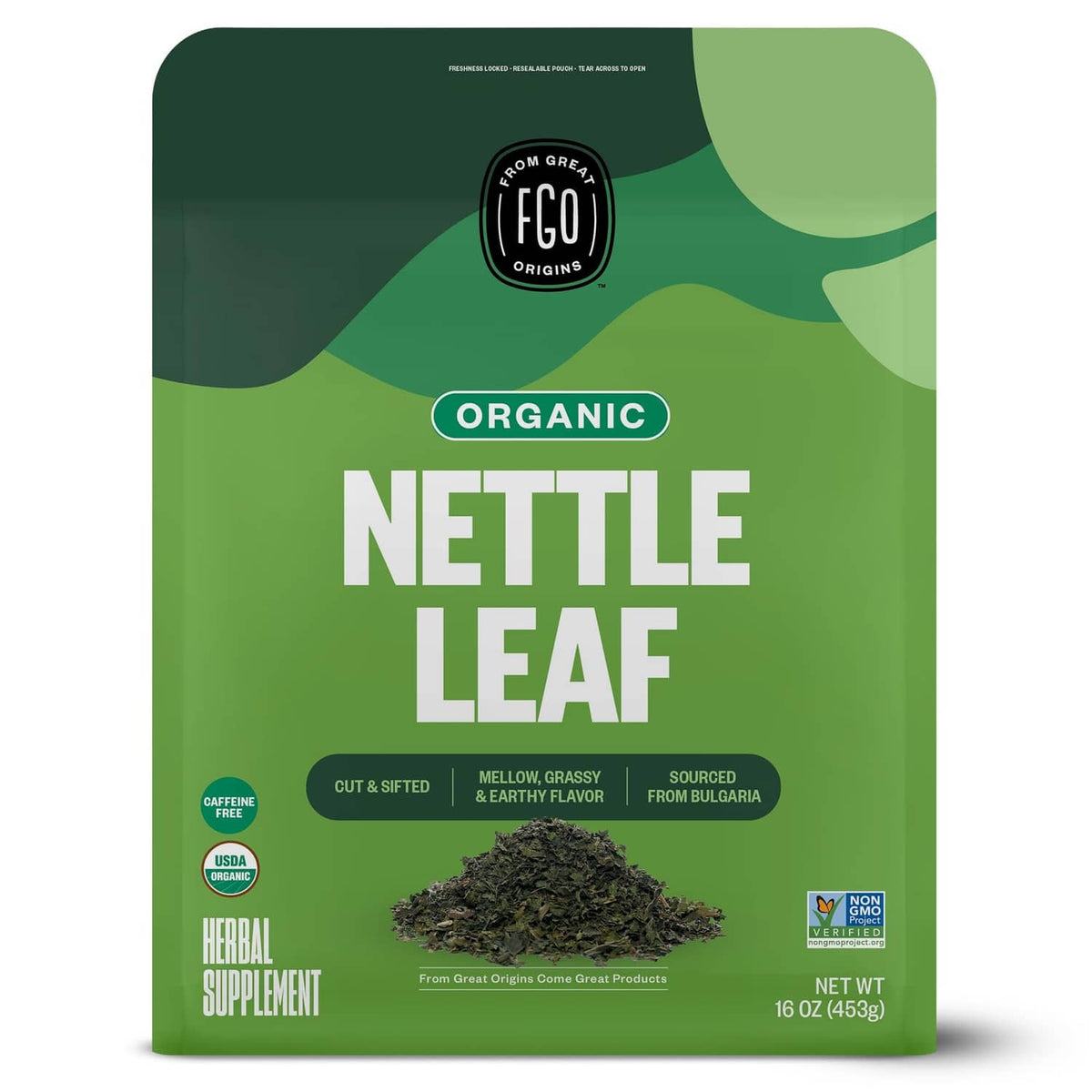 Organic nettle leaf loose tea pouch, caffeine-free, cut and sifted, 16 oz