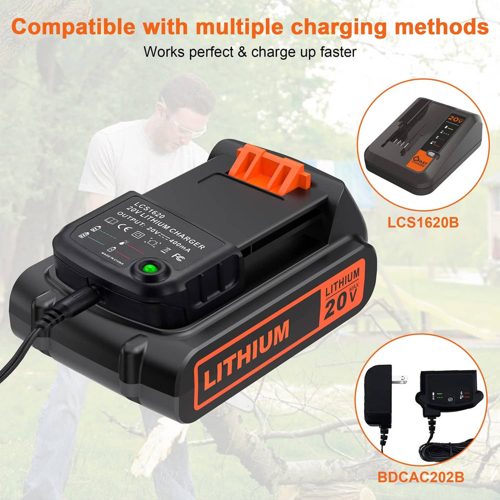 Black 20V lithium battery charger with orange base and LED indicator