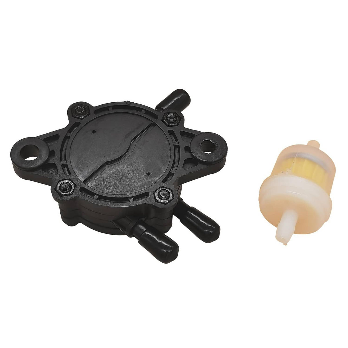 Vacuum fuel pump with translucent filter and fuel hose outlet