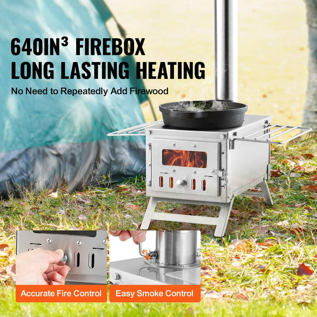 Portable wood stove with chimney, side racks, and fire viewing window
