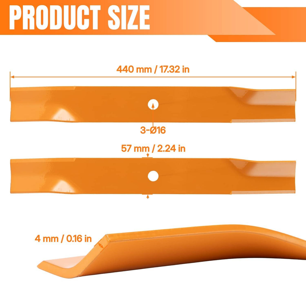 Three orange mower blades with mounting holes, shown in product layout