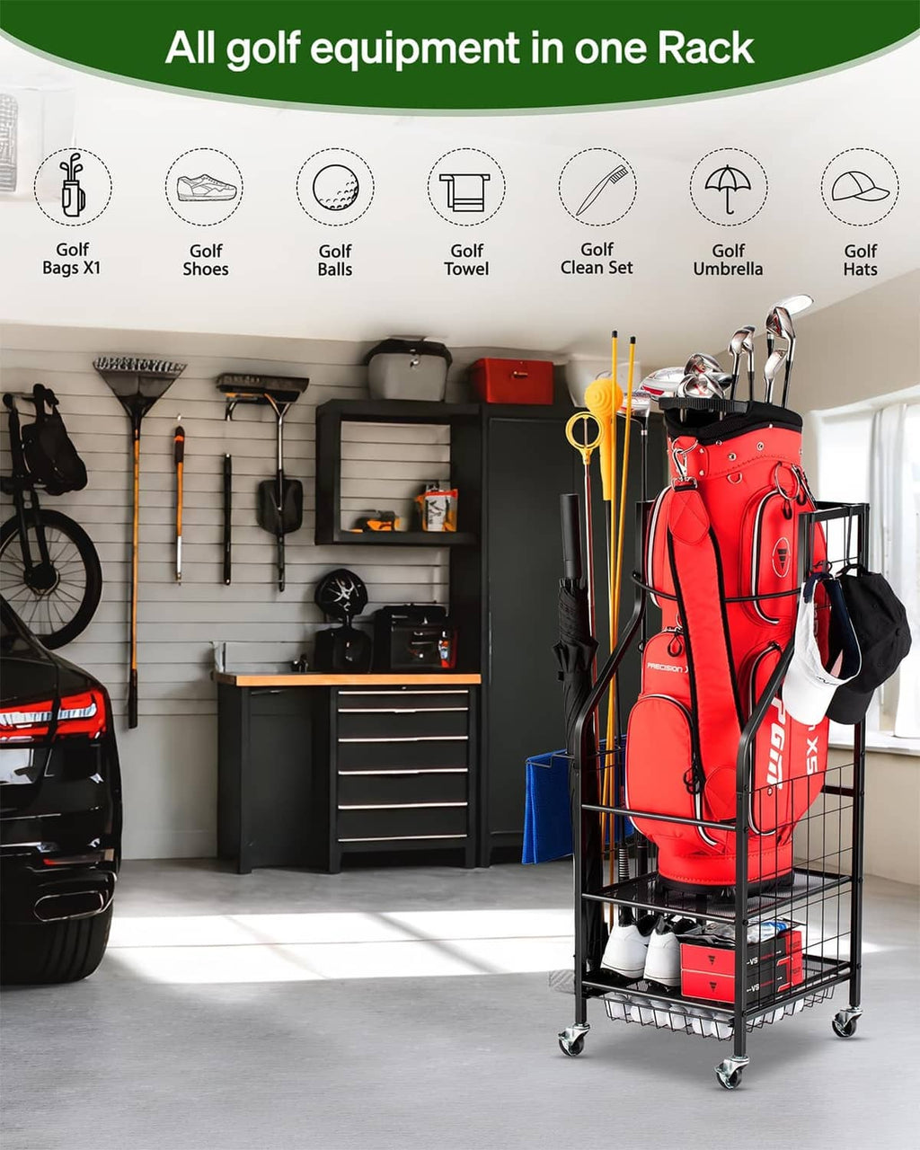 Golf bag storage rack holding clubs, balls, and towel, red bag on black metal shelf
