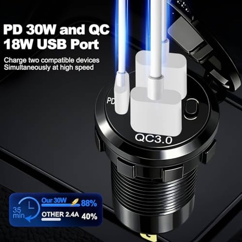 Black 12V car charger with QC 18W and PD 30W USB ports and power switch