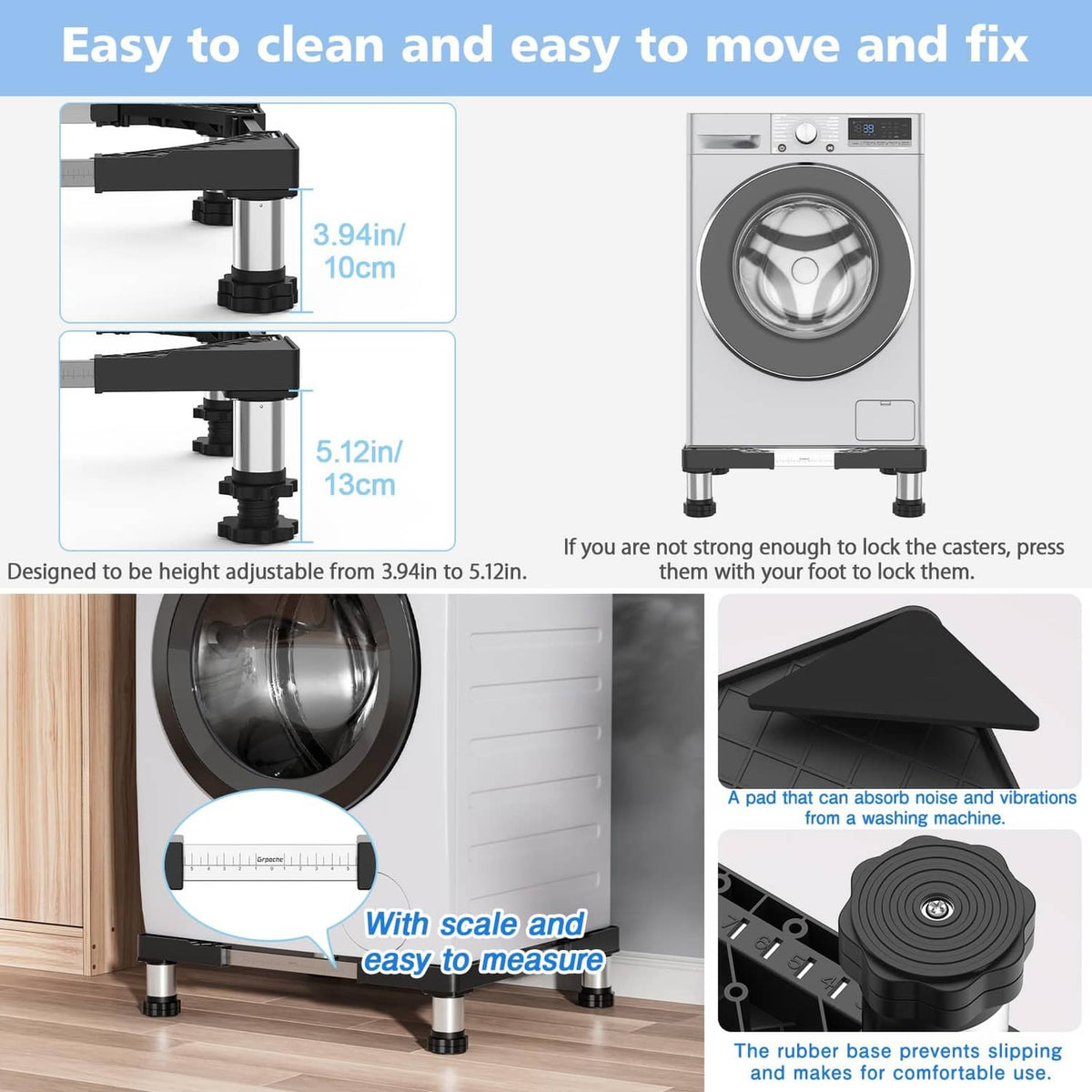 Gray telescopic mini fridge stand legs with labeled height range and anti-slip base
