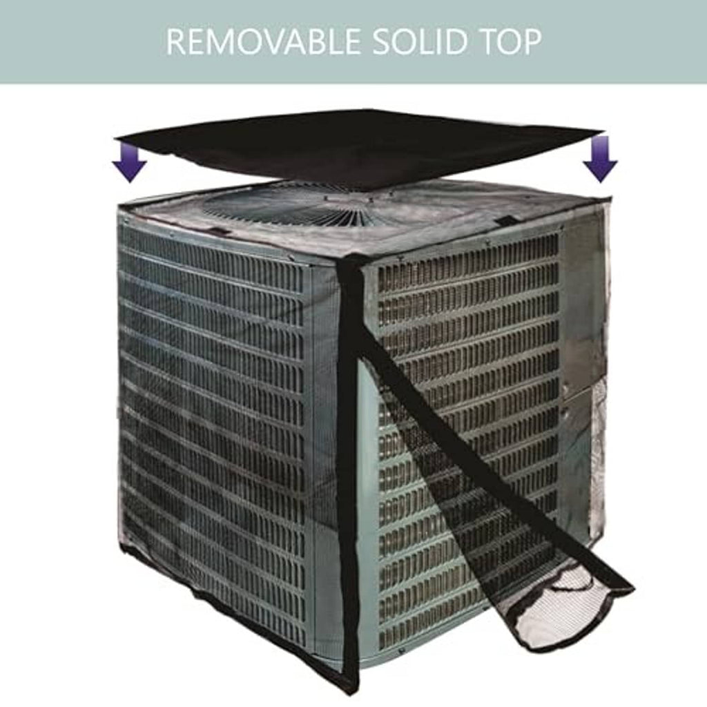 Outdoor air conditioner cover with removable solid black top and mesh sides
