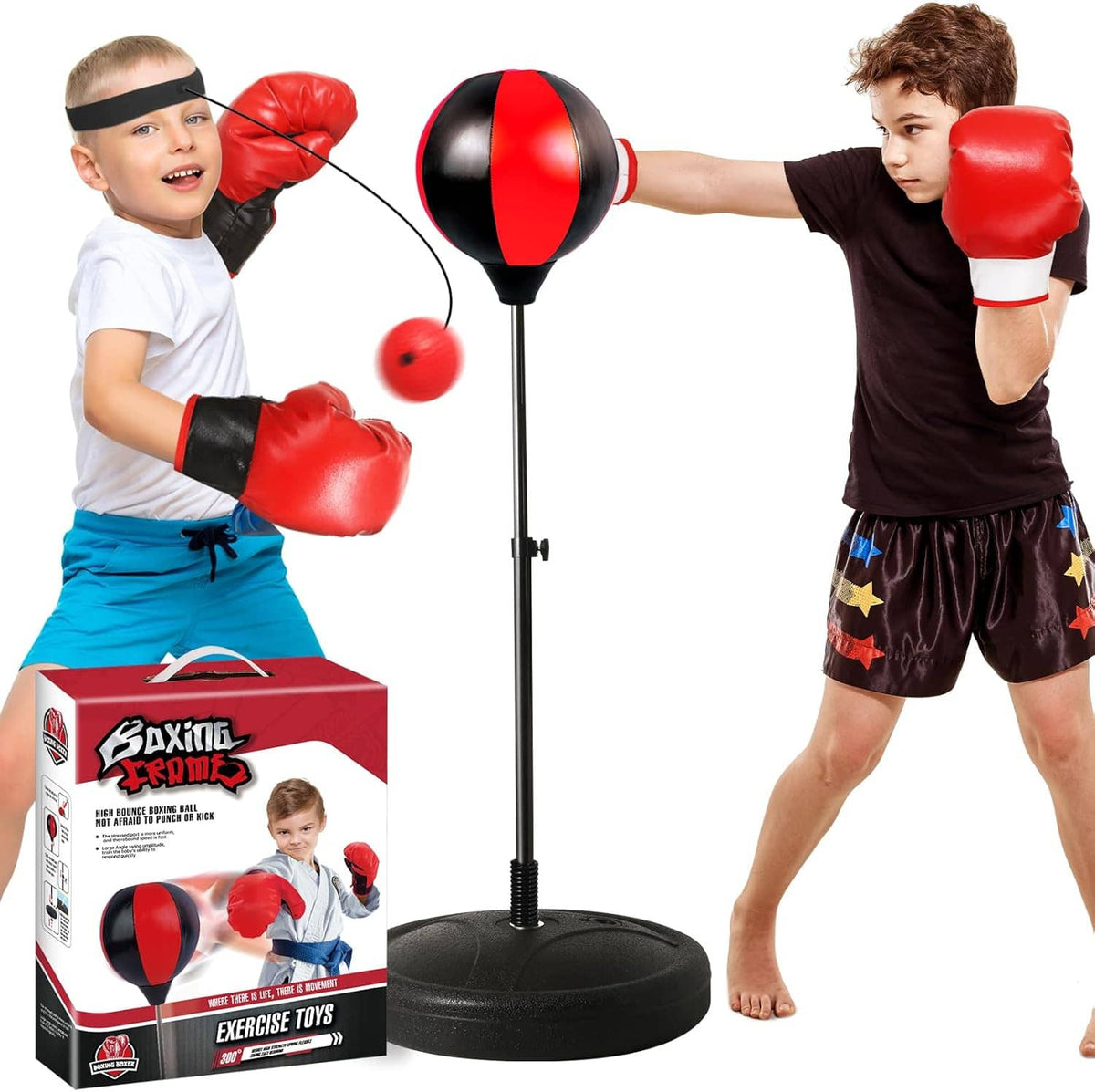 Two children boxing with a stand-up reflex punching bag and red-and-black gloves