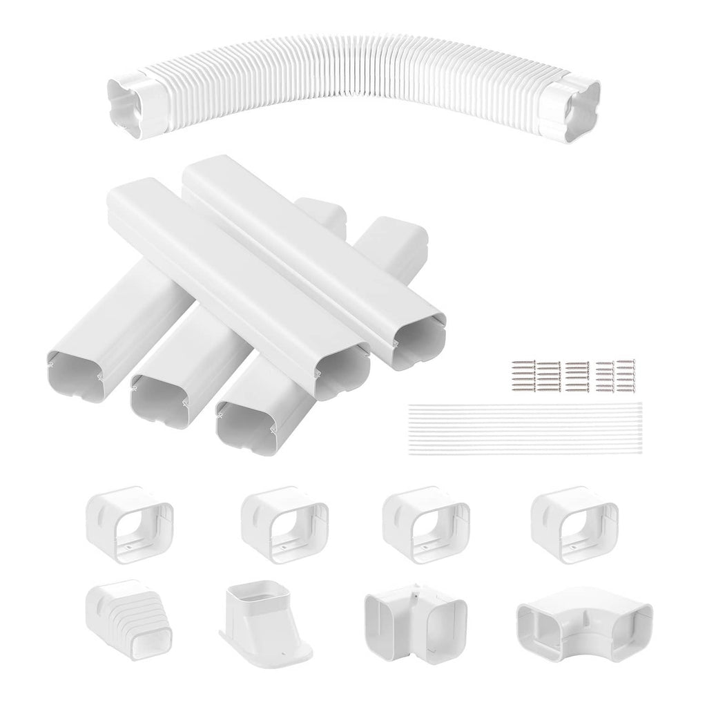 White mini-split line set cover kit with curved elbow, straight sections, and corner caps