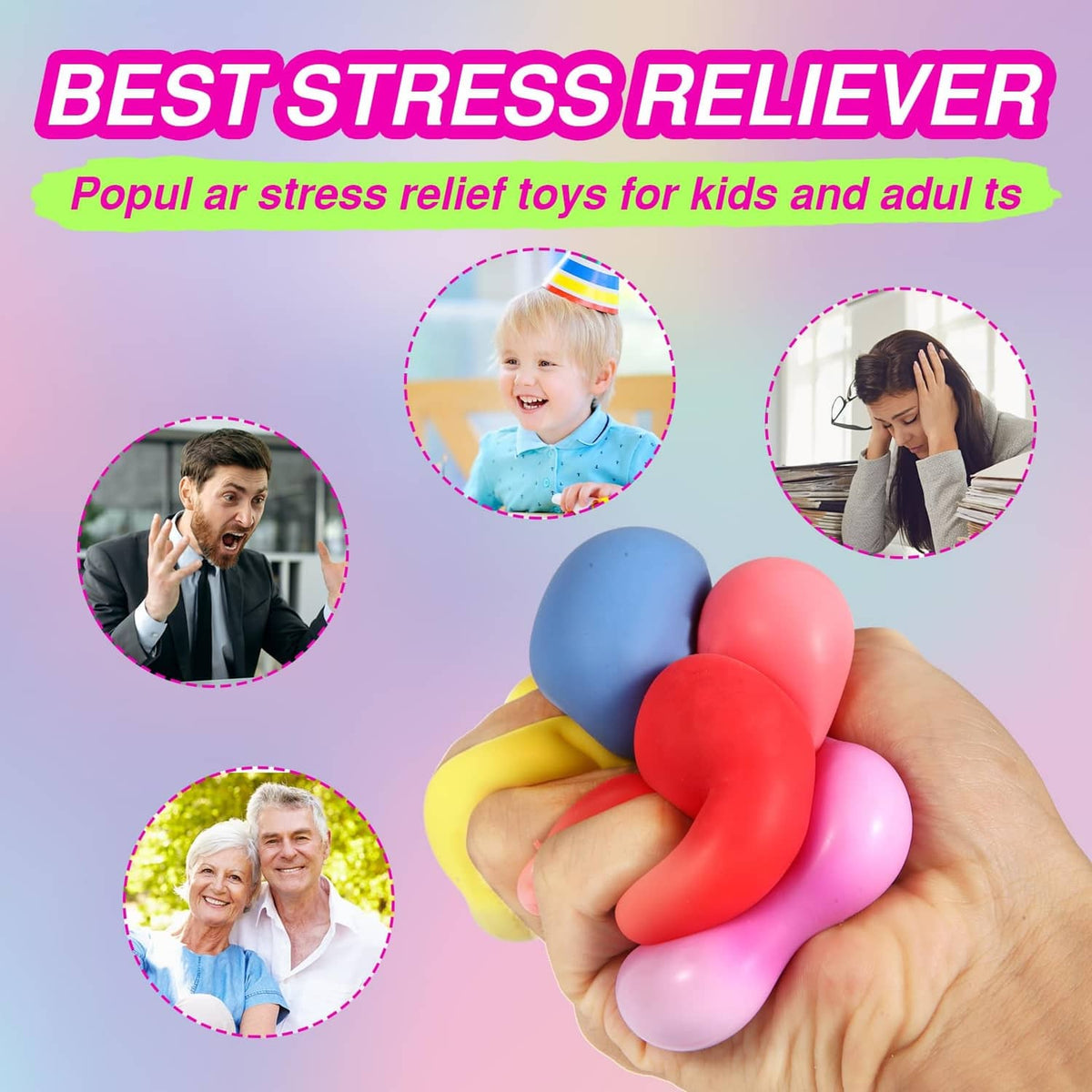 Hand holding a bundle of colorful square slow-rising stress cubes