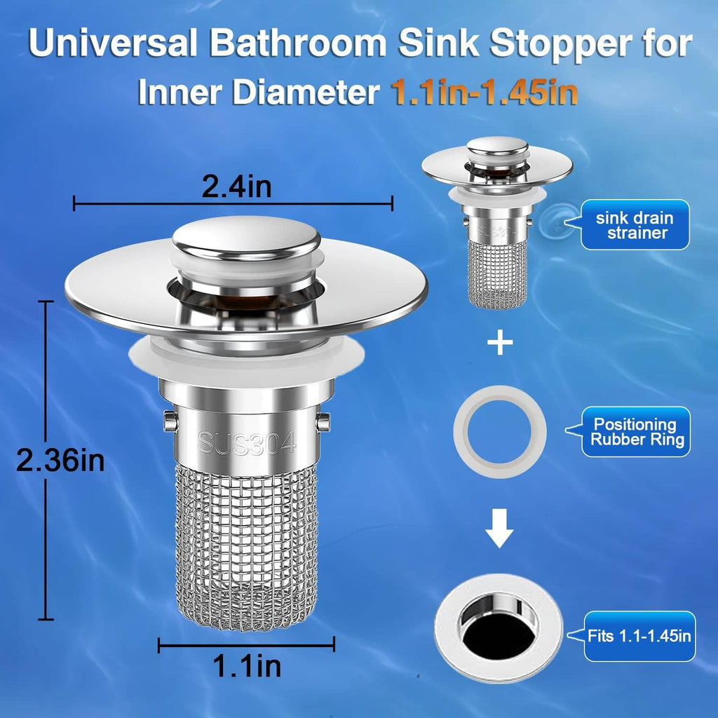 Universal bathroom sink stopper strainer with fine mesh basket and positioning rubber ring