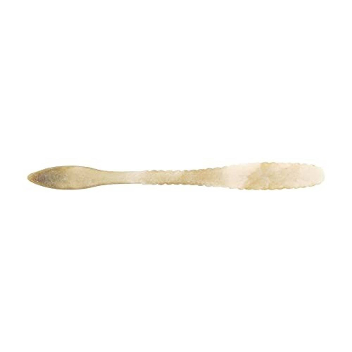 Soft slender fishing bait in pale cream with subtle texture and ribbed body