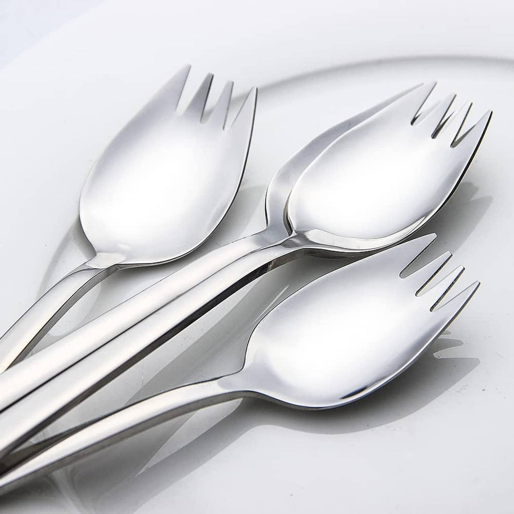 Metal sporks fanned out, spoon bowls with four fork tines