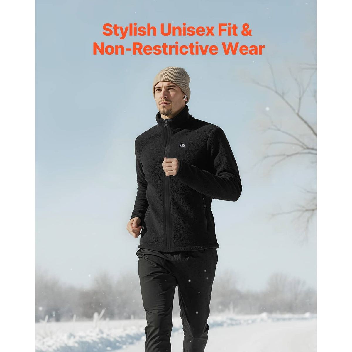Black heated fleece jacket on model, front view with full zipper