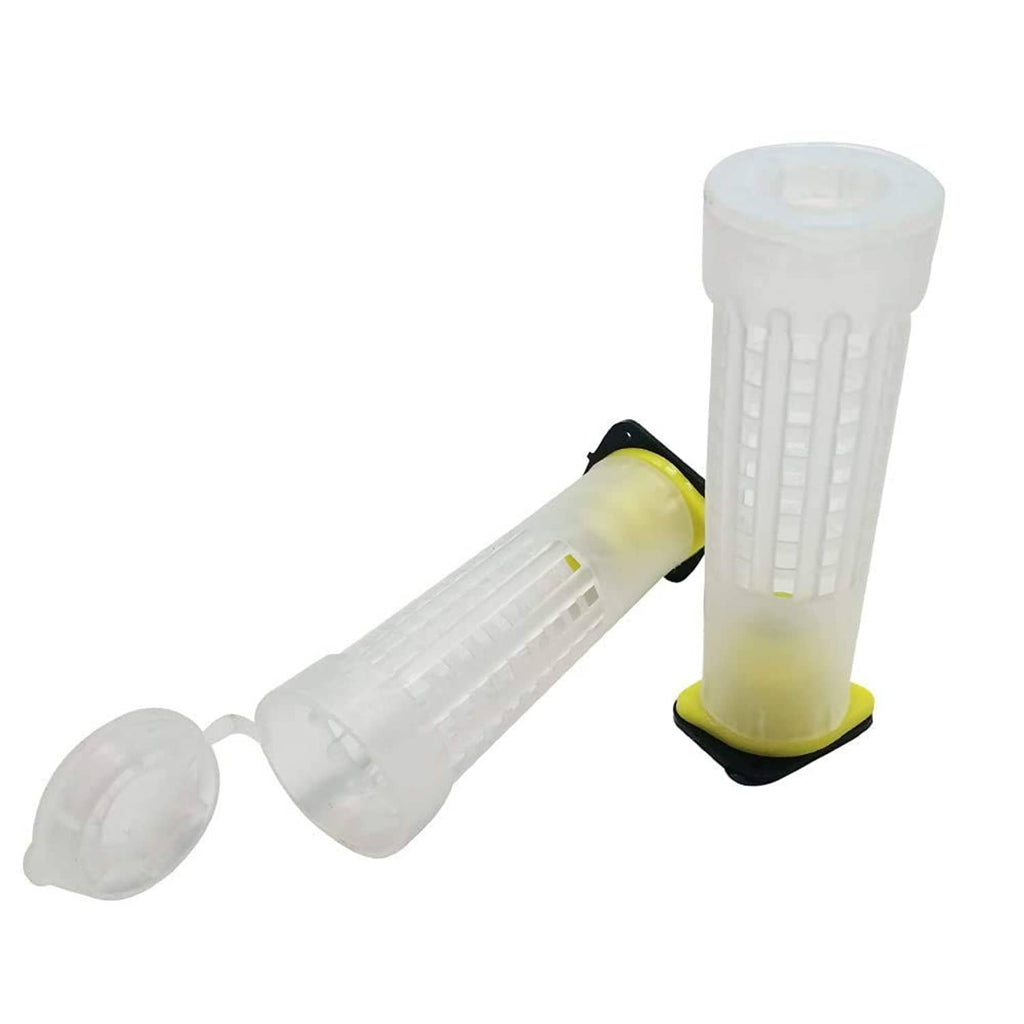 Clear queen bee roller cage and cup with yellow base, connected tube