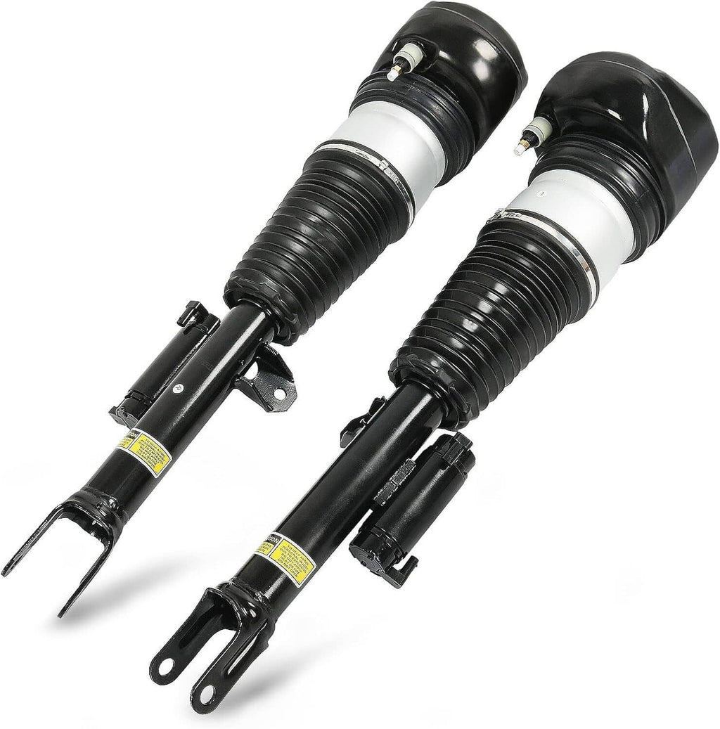 Pair of black front air suspension shock struts with mounting brackets and air spring bags