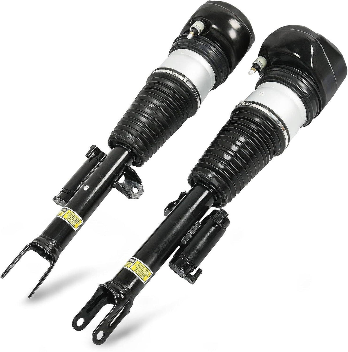 Pair of black front air suspension shock struts with mounting brackets and air spring bags