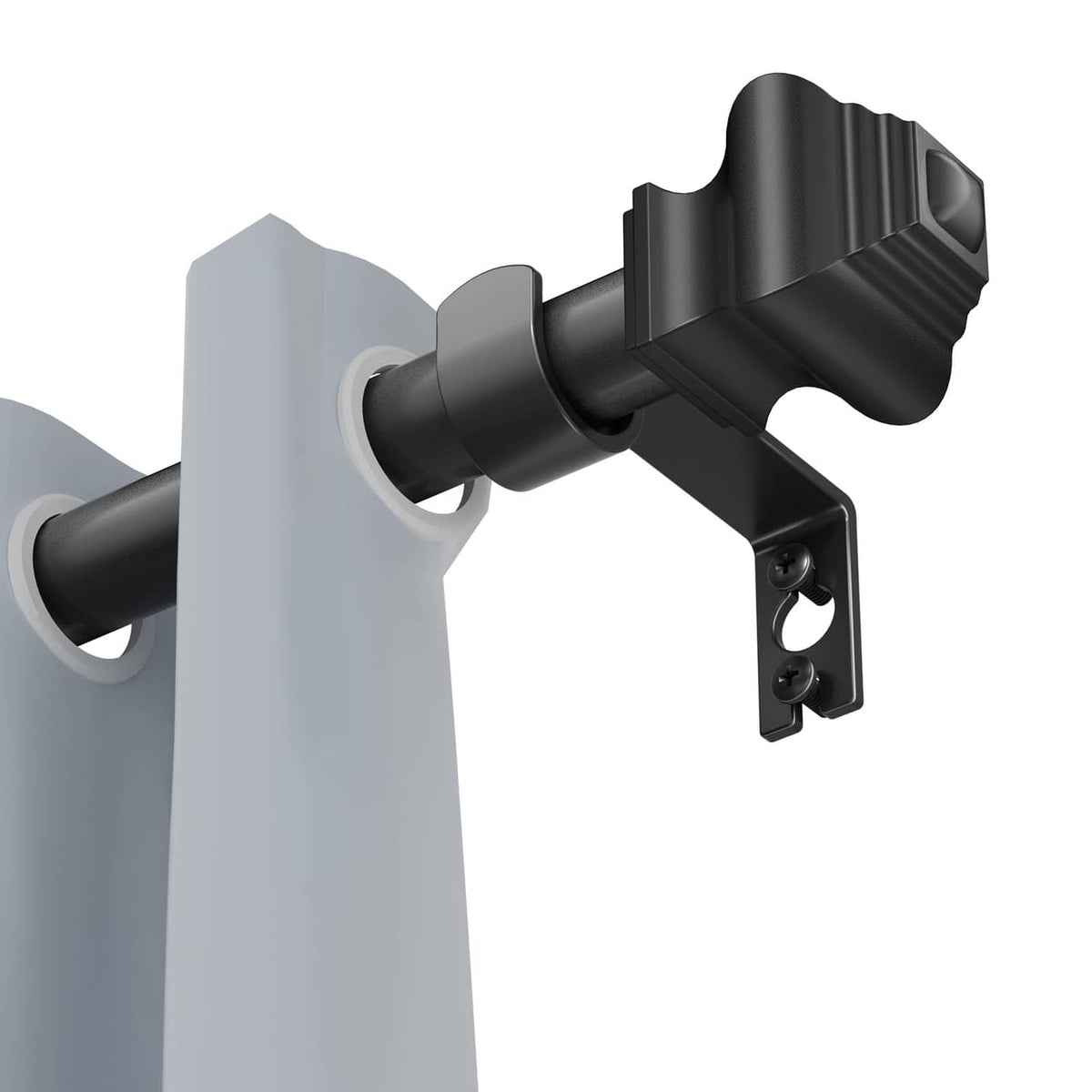Matte black telescoping curtain rod bracket with mounting hardware