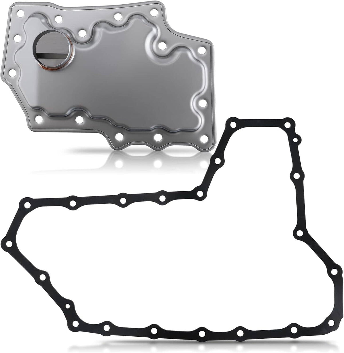 Metal transmission oil filter pan with matching gasket set