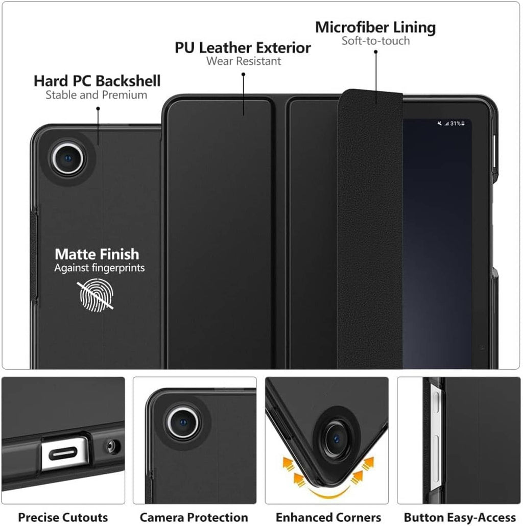 Black tablet case with matte finish, hard PC back, PU leather exterior, microfiber lining