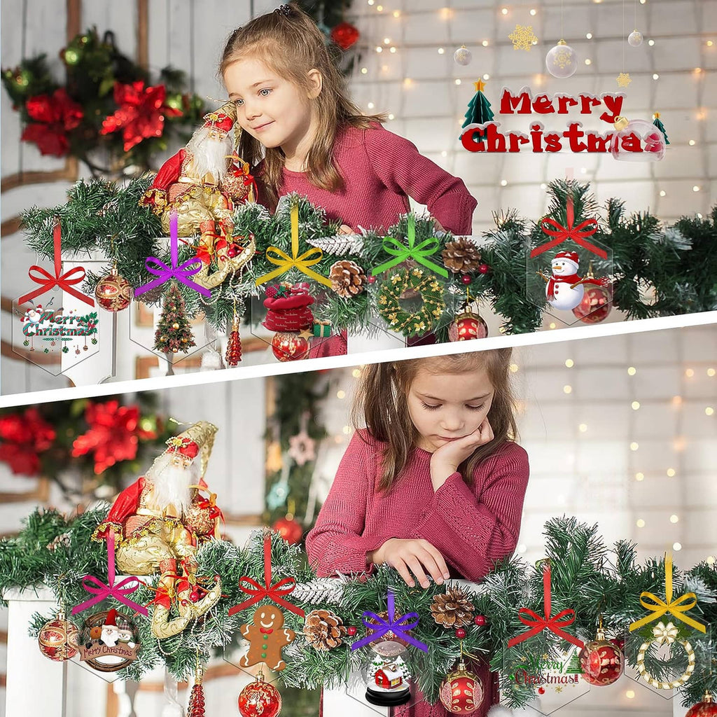 Clear round Christmas hanging ornaments with colorful bows on a decorated Christmas tree