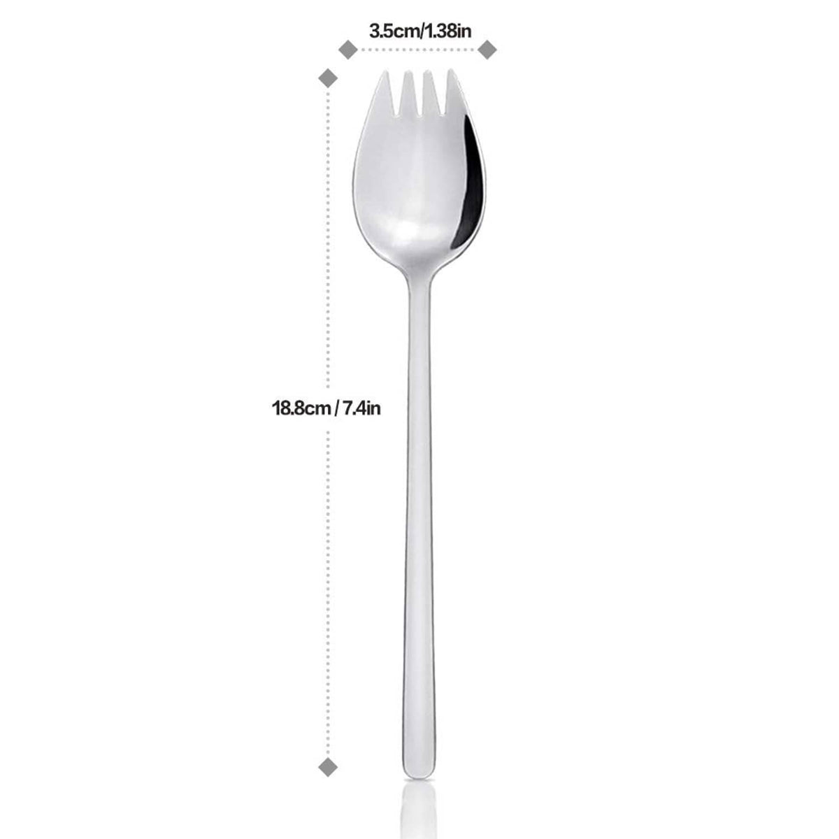 Stainless steel spork with spoon bowl and short fork tines, slim handle