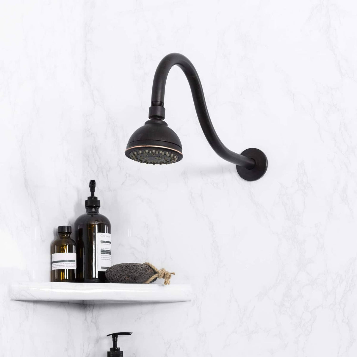 Shower head extension arm in black with wall mount and overhead spray head