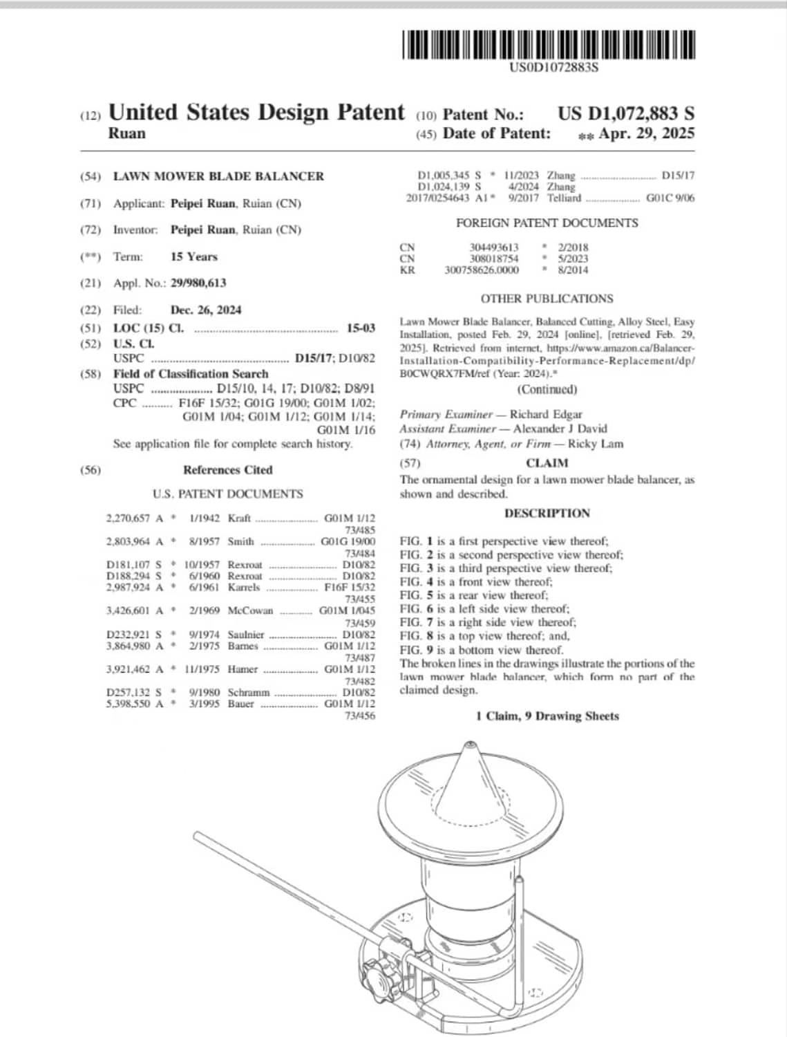 Blueprint-style patent page showing magnetic lawn mower blade balancer assembly sketch
