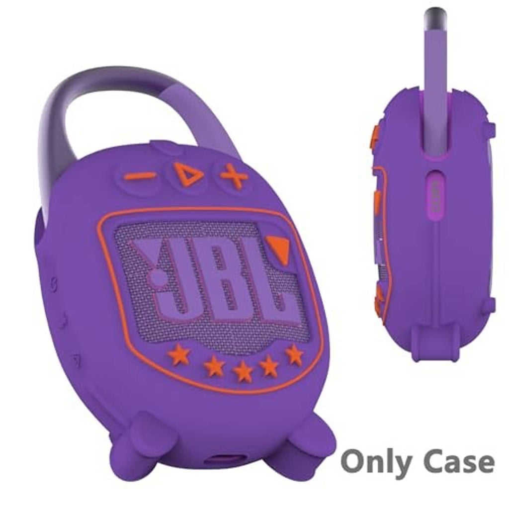 Purple speaker case front and side view with raised buttons and strap loop
