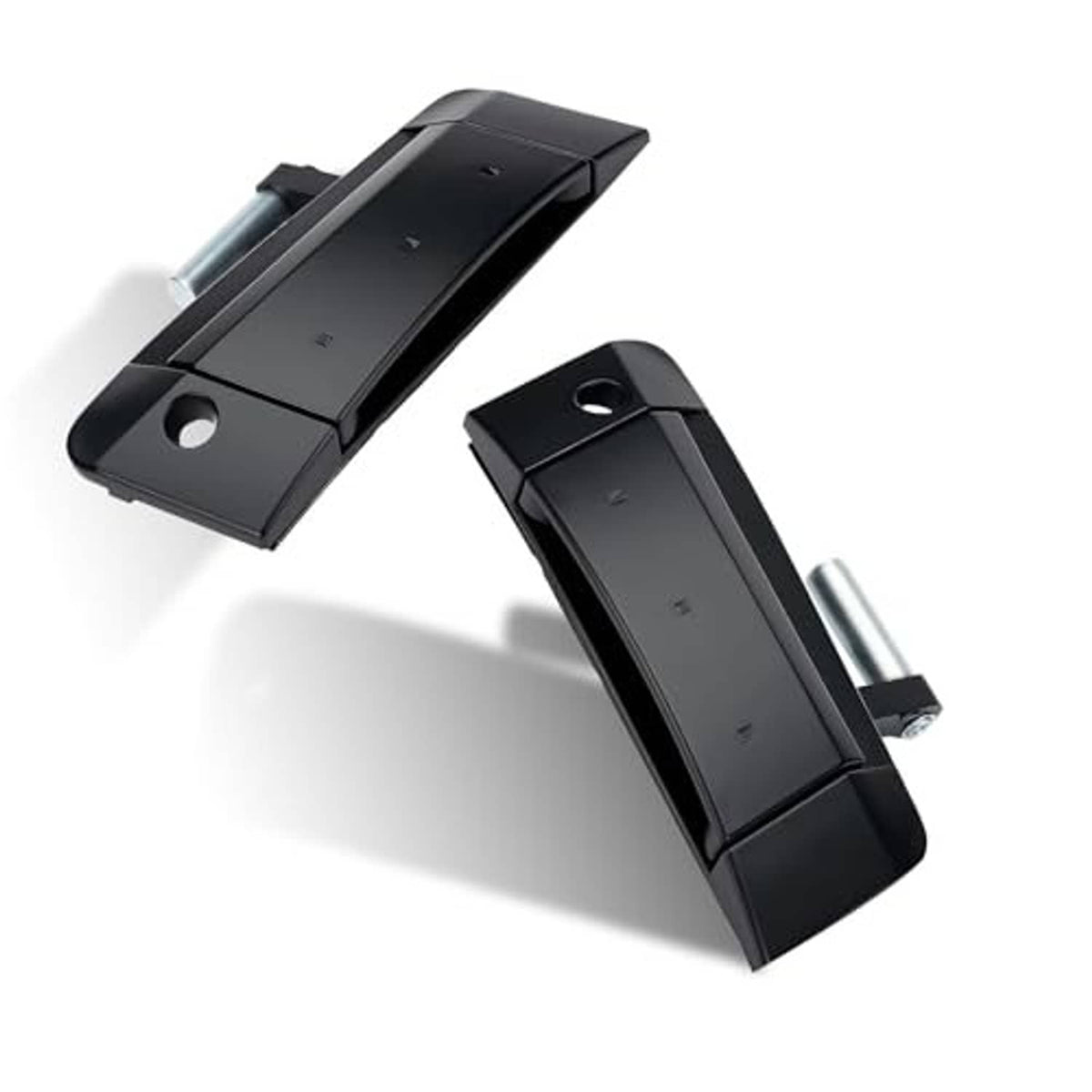 Black exterior door handle pair with metal mounting posts and bracket