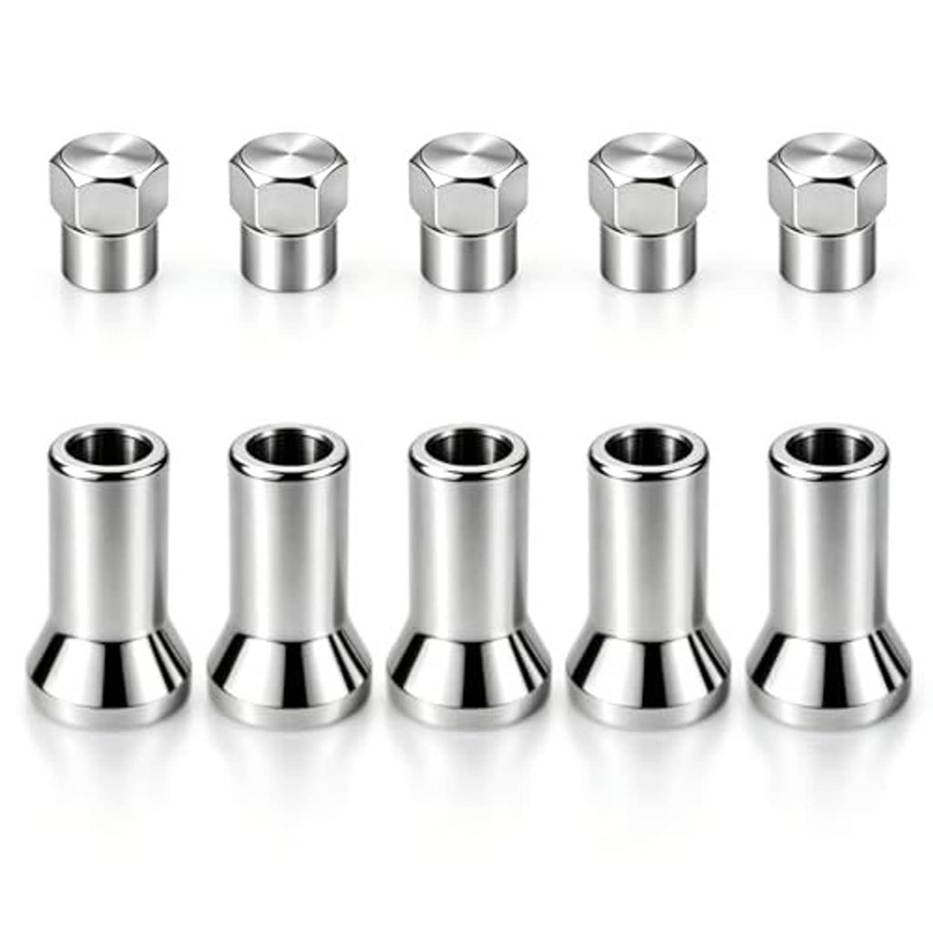 Chrome tire valve stem caps set with hex heads and open cylindrical bases