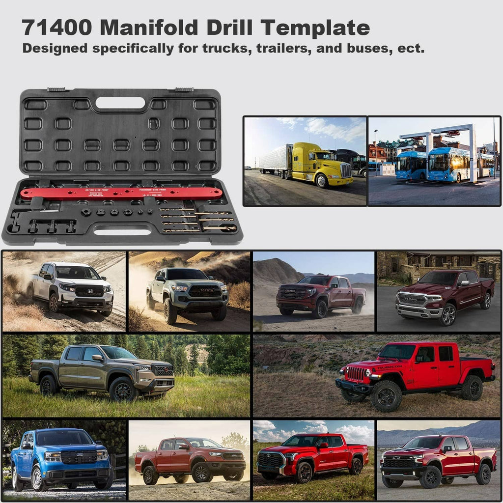 Manifold drill template kit shown with black case and red template guide bar